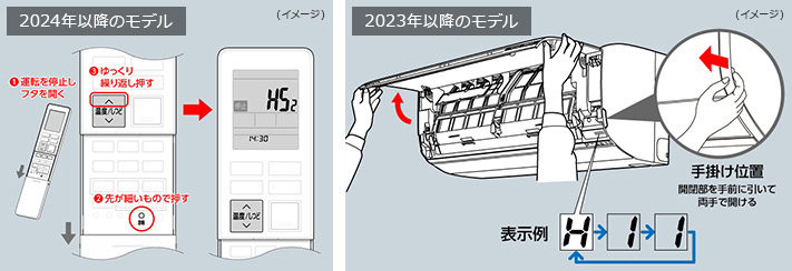 2.リモコンにお知らせボタンがない機種は診断ボタンを押すか室内機フロントパネルを開いた内部にコードが表示される｜パナソニックエアコンのエラーコード確認方法