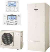 床暖房機能付きフルオートエコキュート品番：HE-D46FQS　貯湯タンクユニット品番：HE-D46FQ＋ヒートポンプユニット品番：HE-PD60F＋専用インターホンリモコン品番：HE-CQFFWCのセット。温水循環式だから熱源機能付きガス給湯器の暖房機能並の快適さがあります。現在エコキュートと連動している床暖房、浴室暖房乾燥機をご使用の方はパナソニックDFシリーズをご検討ください。また寒冷地に対応したFPシリーズもあります。