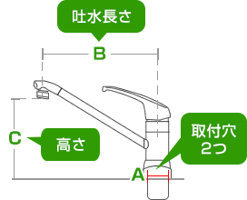 吐水(スパウト)長さと高さの寸法｜ツーホール蛇口の規格について