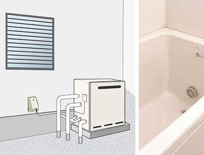戸建て屋外の床に設置されていて追い焚き配管が１本のみ接続｜据置タイプ給湯器の設置例