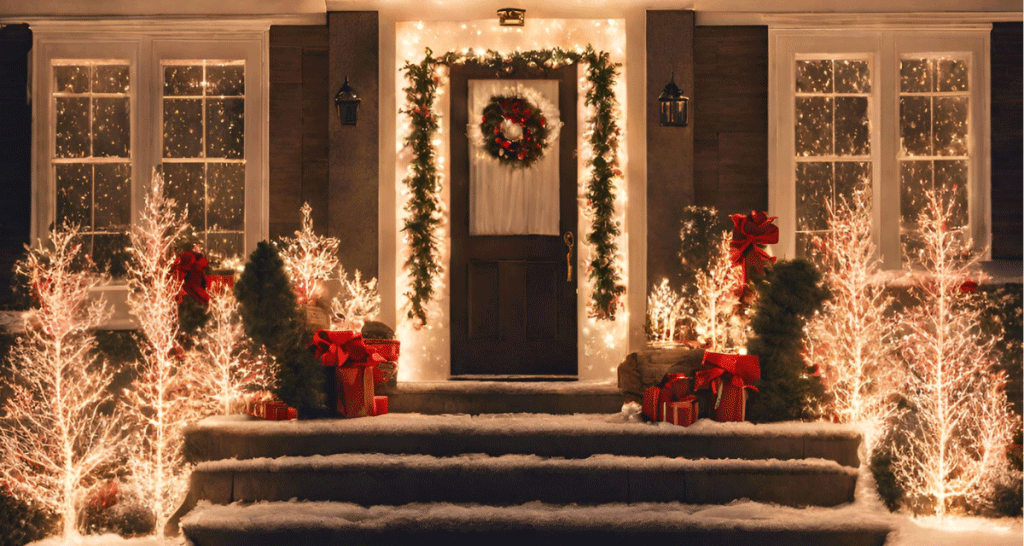 クリスマスの玄関イルミネーション電飾飾り付け